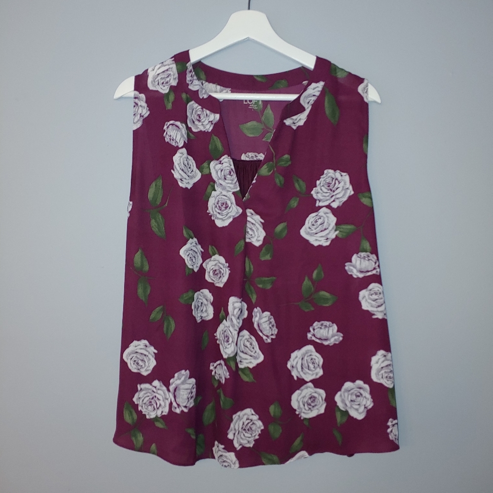 Loft Sleeveless Pullover Maroon Floral Blouse